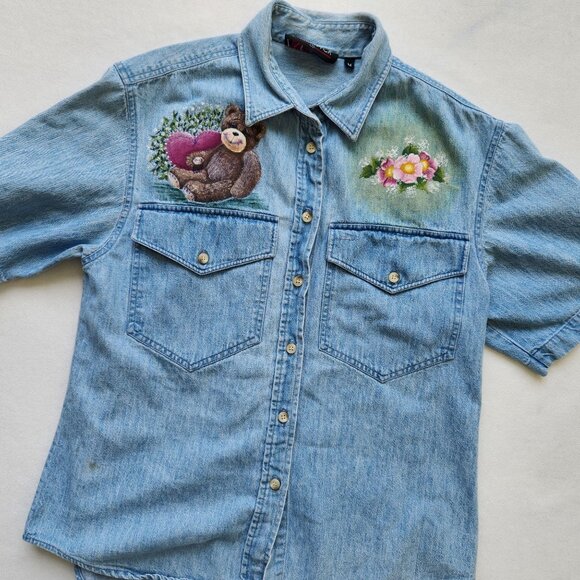 Vintage Denim Shirt Teddy Bear Floral Short Sleeve Spring Summer Cute Teddy Core - Picture 6 of 13